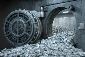 bank vault with money pouring out